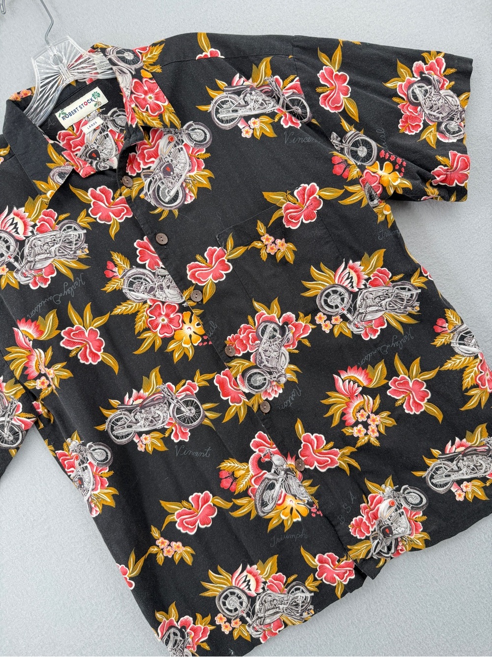 Robert Stock Aloha Hawaiian Button-Down Shirt Mens Large Motorcycle Makes Models